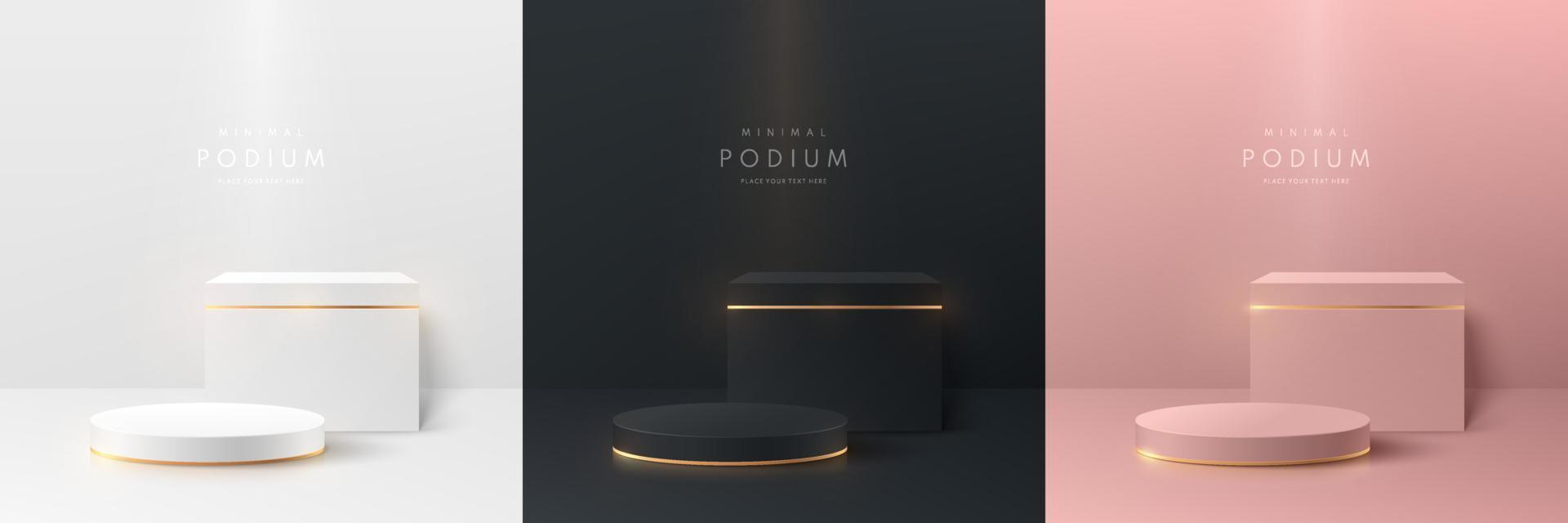 Set of vector abstract 3D room with cube and cylinder pedestal podium group. Pink gold, Black and white geometric forms. Luxury minimal scene for mockup products, Stage Showcase, Promotion display.