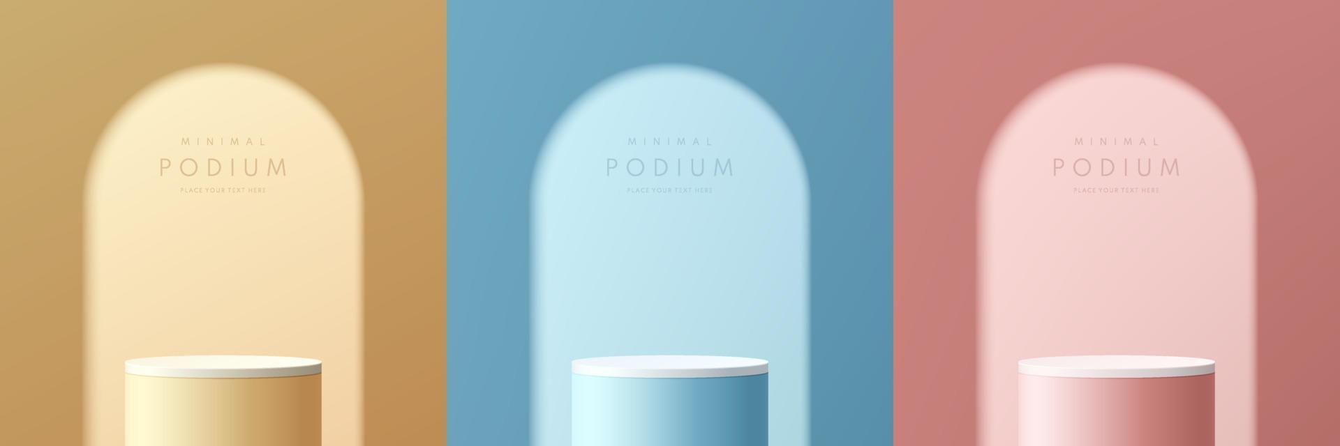 Set of pink, yellow, blue and white realistic 3d cylinder stand podium with shadow of arch window. Vector abstract room with geometric forms. Minimal scene for products showcase, Promotion display.