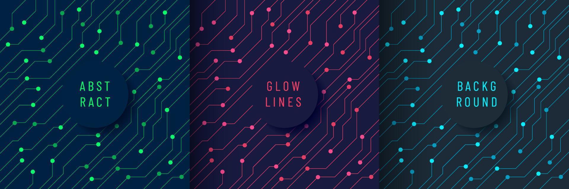 Set of abstract futuristic technology background curved glowing light lines and dots connect with copy space. Simple and minimal blue, green, red and blue in flat circuit lines pattern vector design.