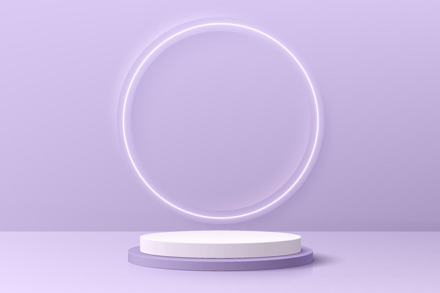 Realistic purple and white 3D cylinder pedestal podium with illuminate circle neon lamp. Minimal scene for mockup products, stage for showcase, promotion display. Vector geometric forms. Abstract room