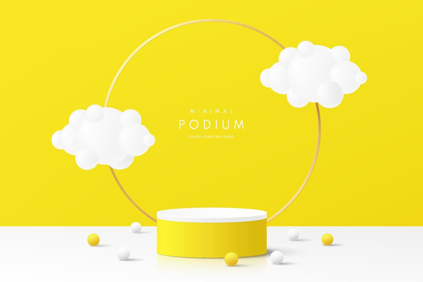 Realistic yellow and white 3D cylinder pedestal podium with golden ring and clouds flying. Abstract minimal scene for mockup products, stage for showcase, promotion display. Vector geometric forms.