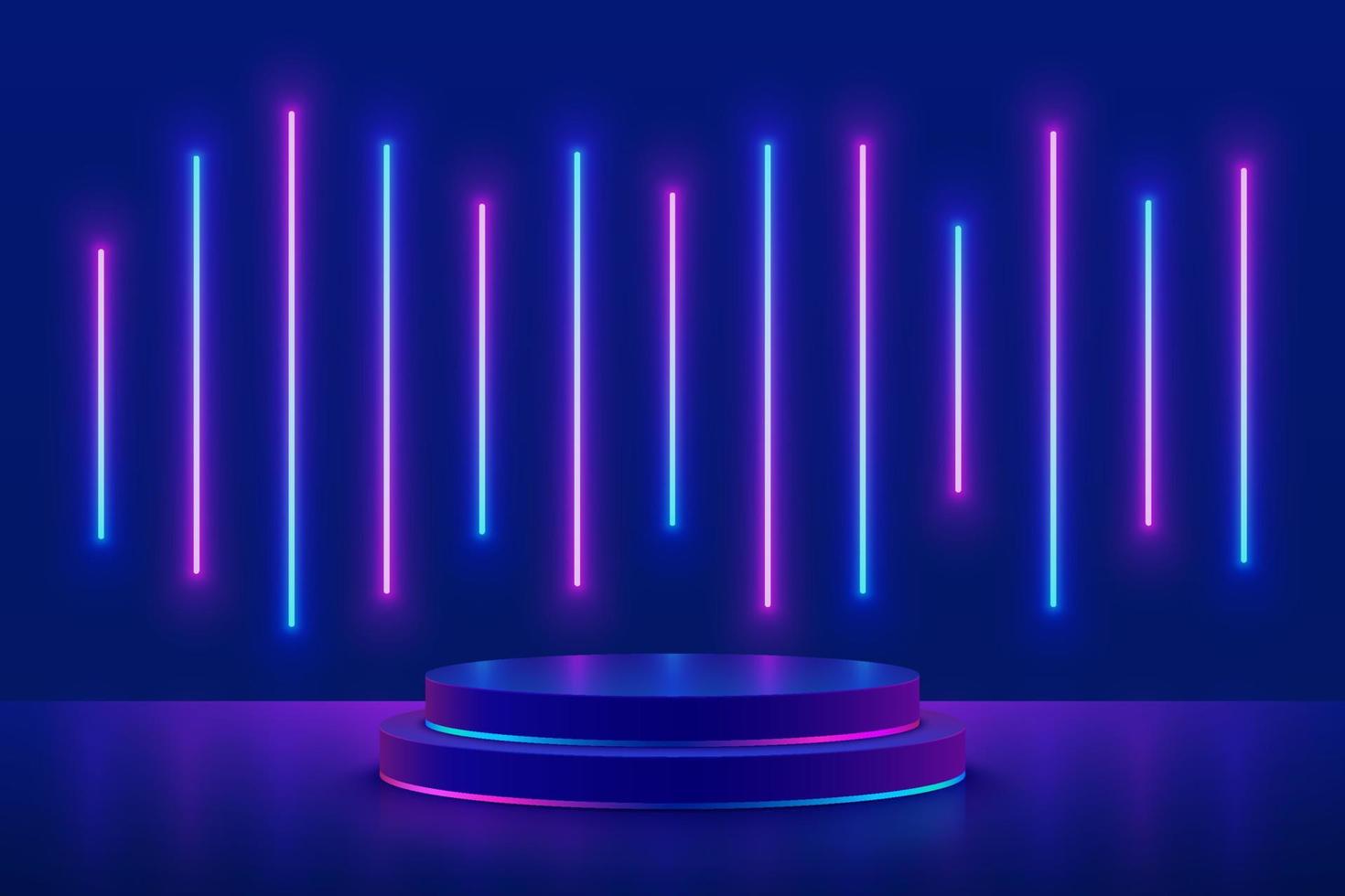 Realistic dark blue cylinder pedestal podium with glowing vertical lamps neon light line in futuristic style. Minimal scene for mockup products, Stage showcase, Promotion display. Abstract 3D room. vector