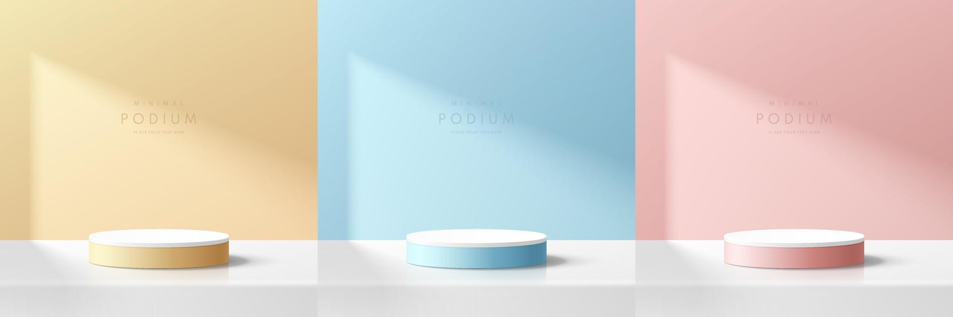 Set of blue, pink, white and yellow realistic 3d cylinder stand podium with window shadow overlay. Vector abstract room with geometric forms. Minimal scene for products showcase, Promotion display.