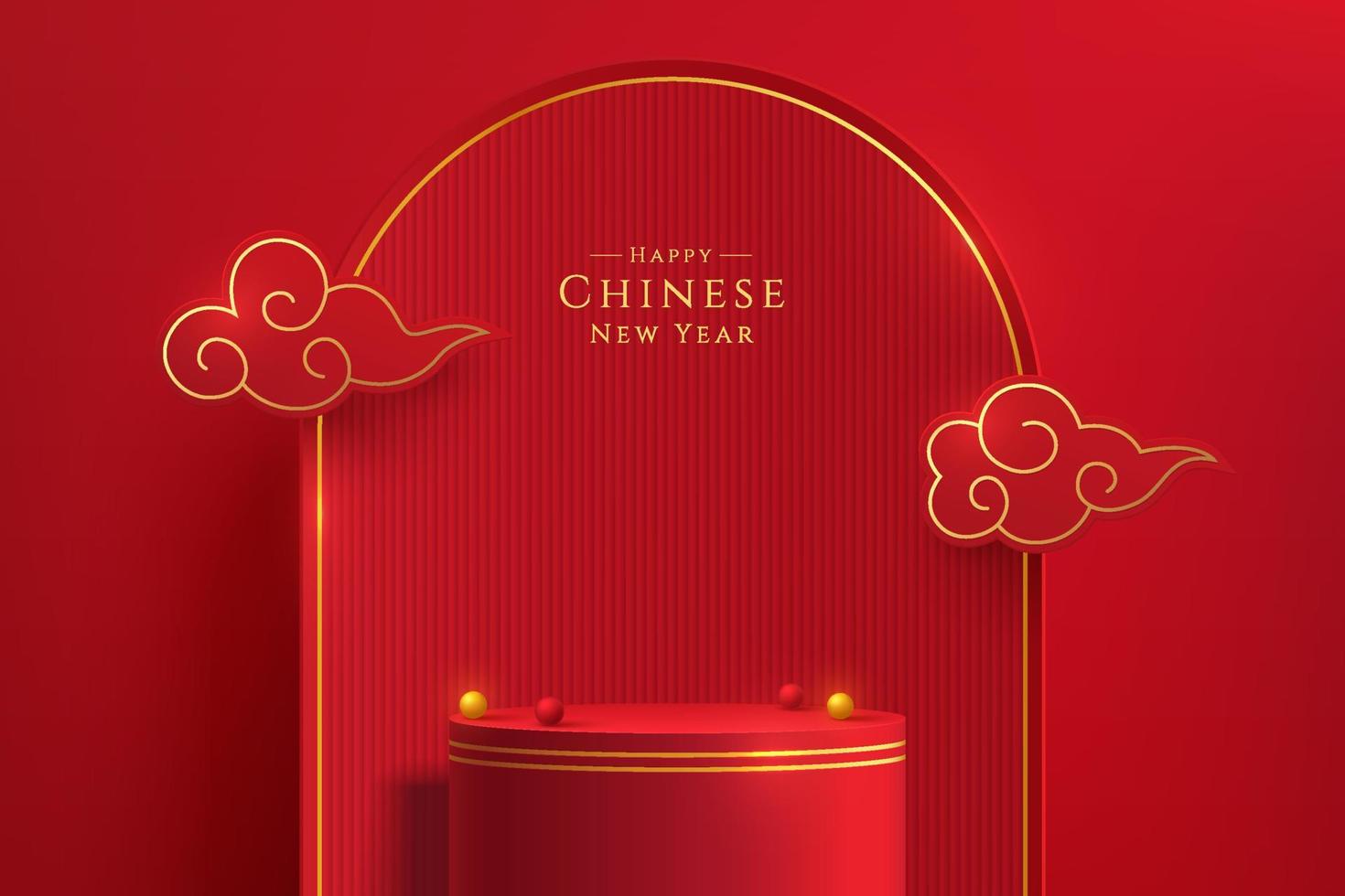 Realistic red and gold 3D cylinder stand or podium with arch shape backdrop and clouds flying. Minimal scene for products showcase, Promotion display. Abstract room geometric forms. Happy lantern day. vector