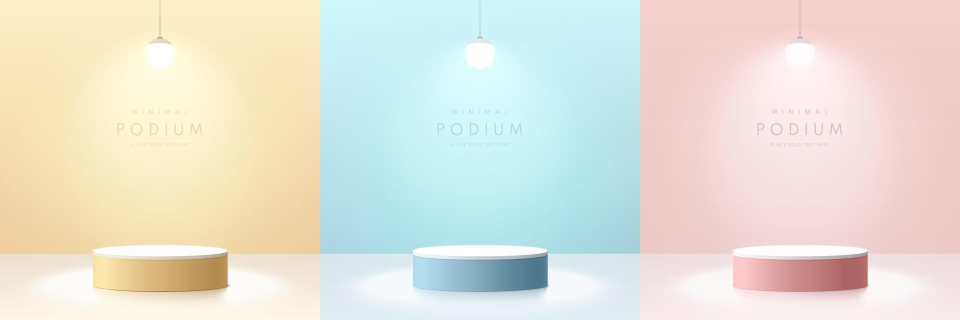 Set of pink, yellow, blue and white realistic 3d cylinder pedestal podium with glowing hanging balls neon lamp. Abstract minimal wall scene for mockup products stage for showcase, Promotion display. vector