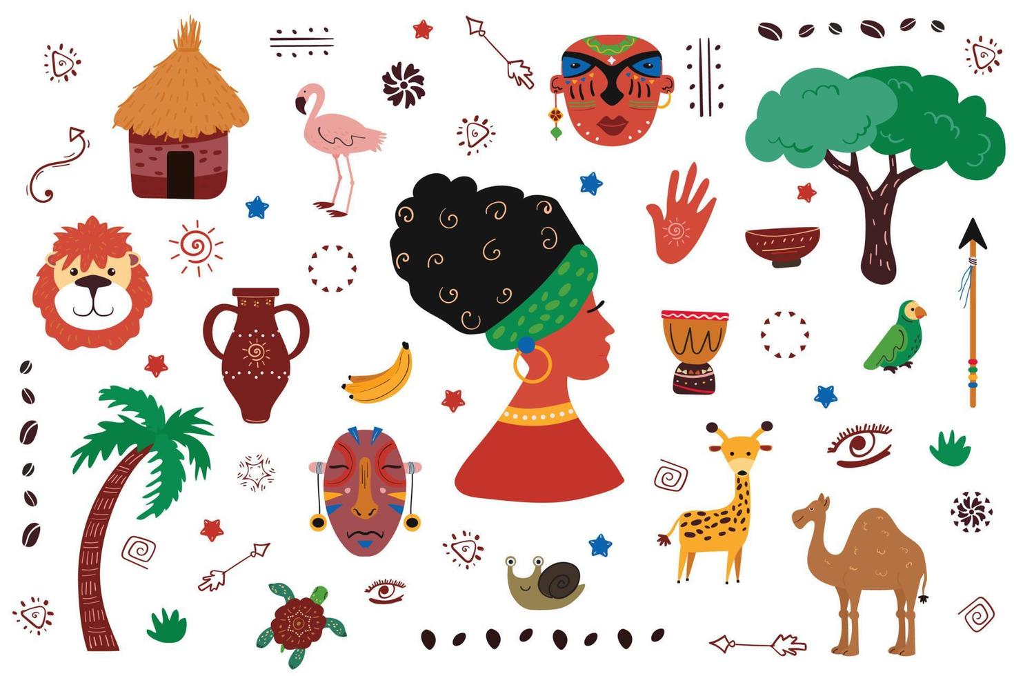 paquete de conjuntos étnicos con patrones africanos, moda africana, animales y tótems vector