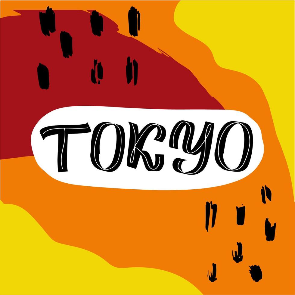 Inspirational handwritten brush lettering Tokyo. Typography for banners, badges, postcard, tshirt, prints, posters. Abstract backgruond in Memphis style. Retro design style with ink texture. vector