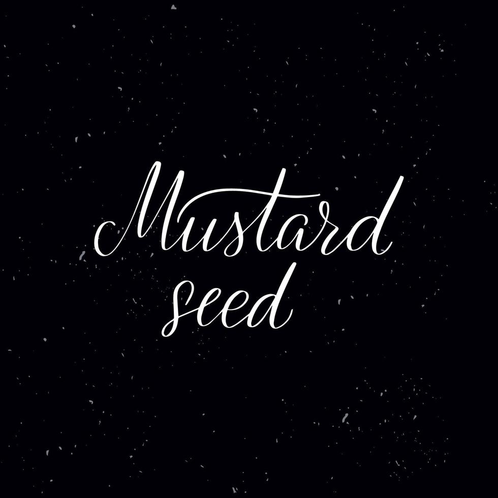 Chalkboard blackboard lettering Mustard seed. Handwritten calligraphy text, chalk on a blackboard, vector illustration. Greetings for logotype, badge, icon.