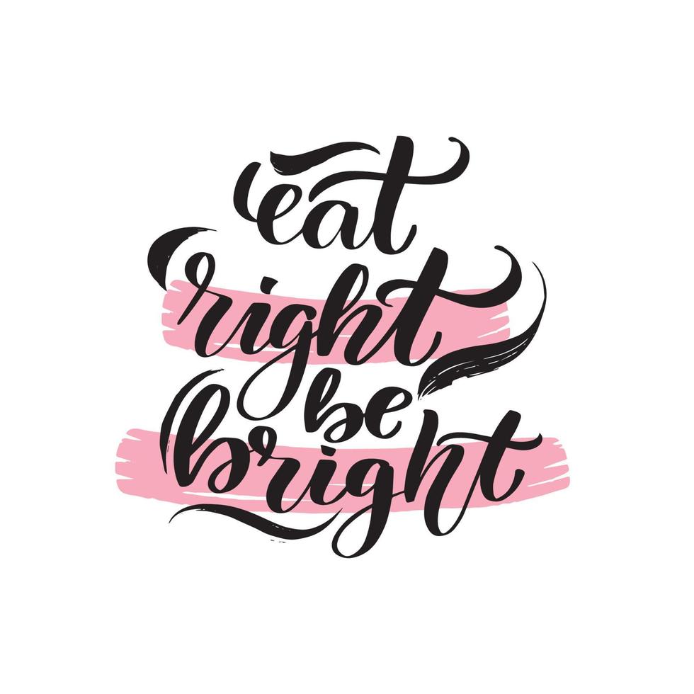 Inspirational handwritten brush lettering eat right be bright. Vector calligraphy illustration isolated on white background. Typography for banners, badges, postcard, tshirt, prints, posters.