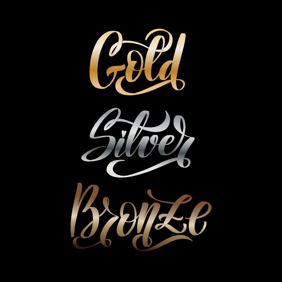 Letras de mano de palabra de bronce de plata de oro. colección de caligrafía vectorial hecha a mano. recompensas del primer segundo y tercer lugar vector