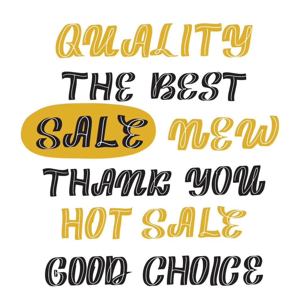 Quality, the best, sale, new, thank you, hot sale, good choice. Online shop lettering quotes set. Inspirational handwritten brush lettering. Vector calligraphy stock illustration isolated on white.