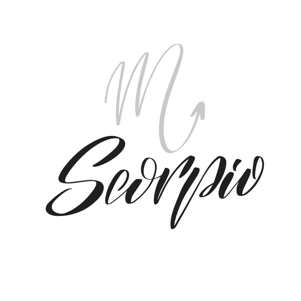 Zodiac sign, magic, astrology. Inspirational handwritten lettering Scorpio. Vector calligraphy stock illustration isolated on white. Typography for banner, badge, postcard, tshirt, print.