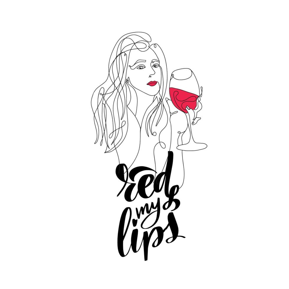 enrojece mis labios. retrato de una bella mujer con una copa de vino en la mano. dibujo de línea continua. gran caligrafía de material vectorial para manualidades y álbumes de recortes, diarios, tarjetas, insignias, redes sociales. vector