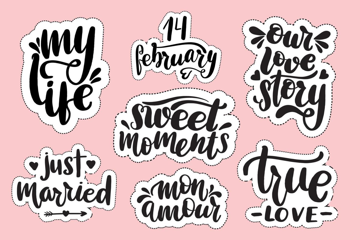 Set of handwritten lettering labels. Stickers with hand drawn typography inscriptions. Great vector stock calligraphy illustrations for handmade and scrapbooking, diaries, cards, badges, social media.