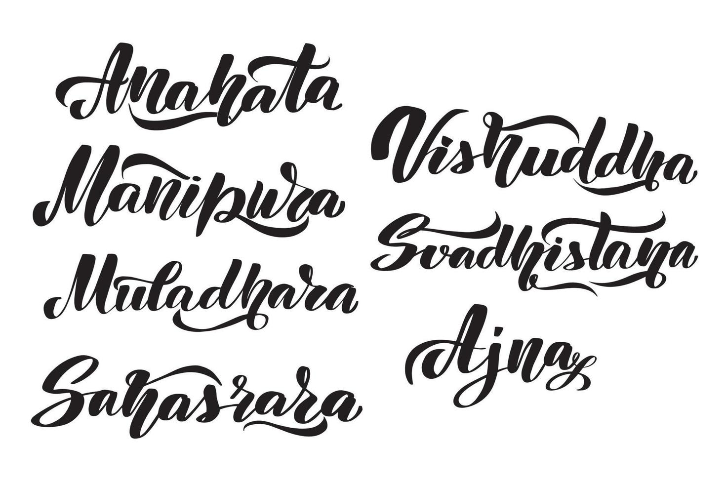 Chakras set - muladhara swadhisthana manipura anahata vishuddha ajna sahasrara. Vector calligraphy lettering isolated on white. Typography for banners, badges, postcard, tshirt, prints.