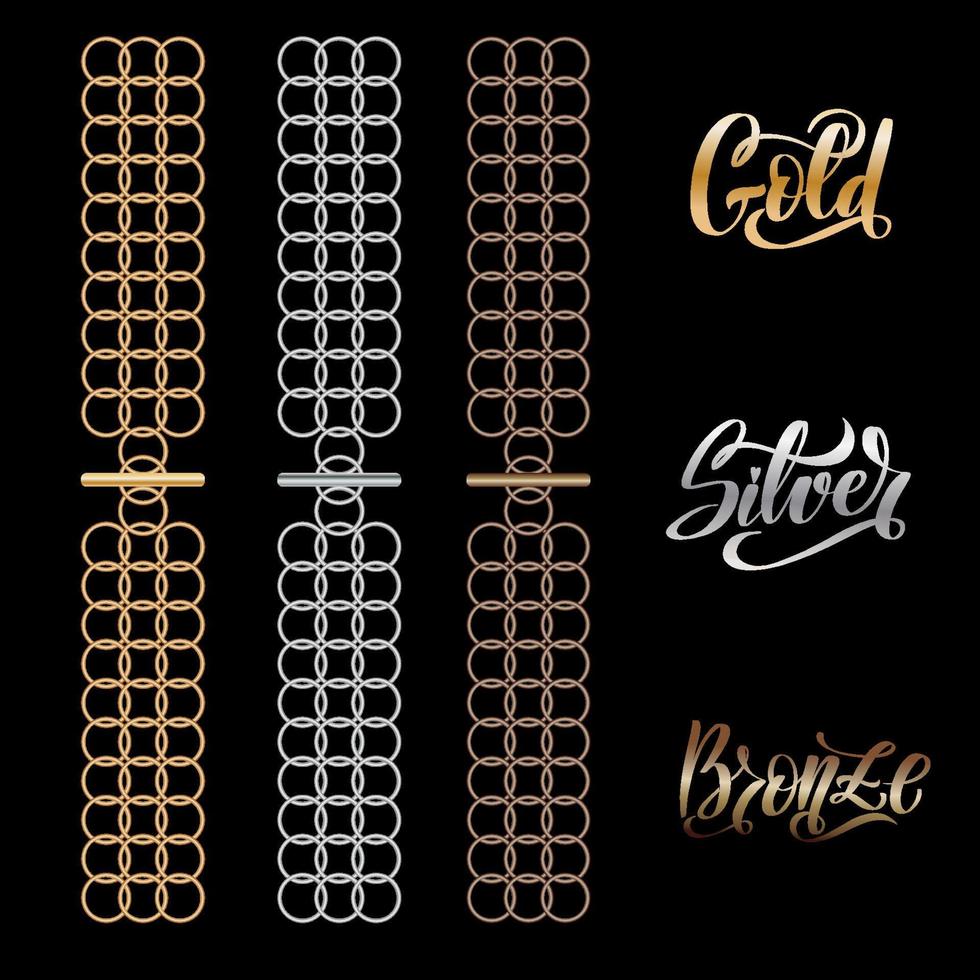 Metal bracelet for decoration design. Gold, silver, bronze hand drawn lettering. Vector isolated elements set. Luxury vector illustration. Decorative design elements. Symbol set. Metallic collection.
