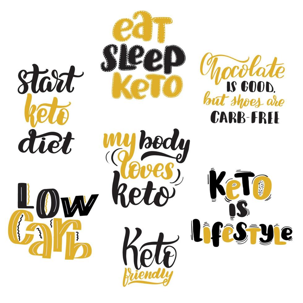 Keto diet lettering quotes set. Inspirational handwritten brush lettering. Vector calligraphy stock illustration isolated on white. Typography for banners, badges, postcard, tshirt, prints.