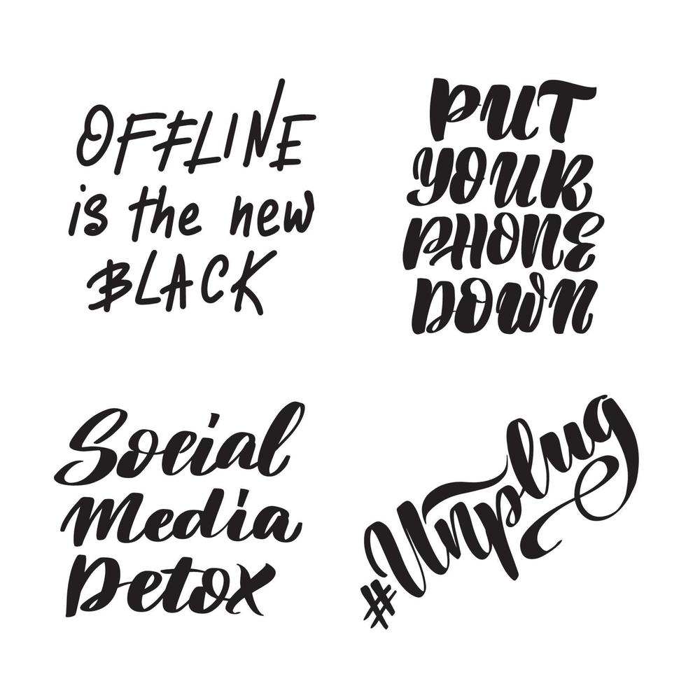 Inspirational handwritten brush lettering set about digital detox. Vector calligraphy stock illustration isolated on white background. Typography for banners, badges, postcard, tshirt, prints.