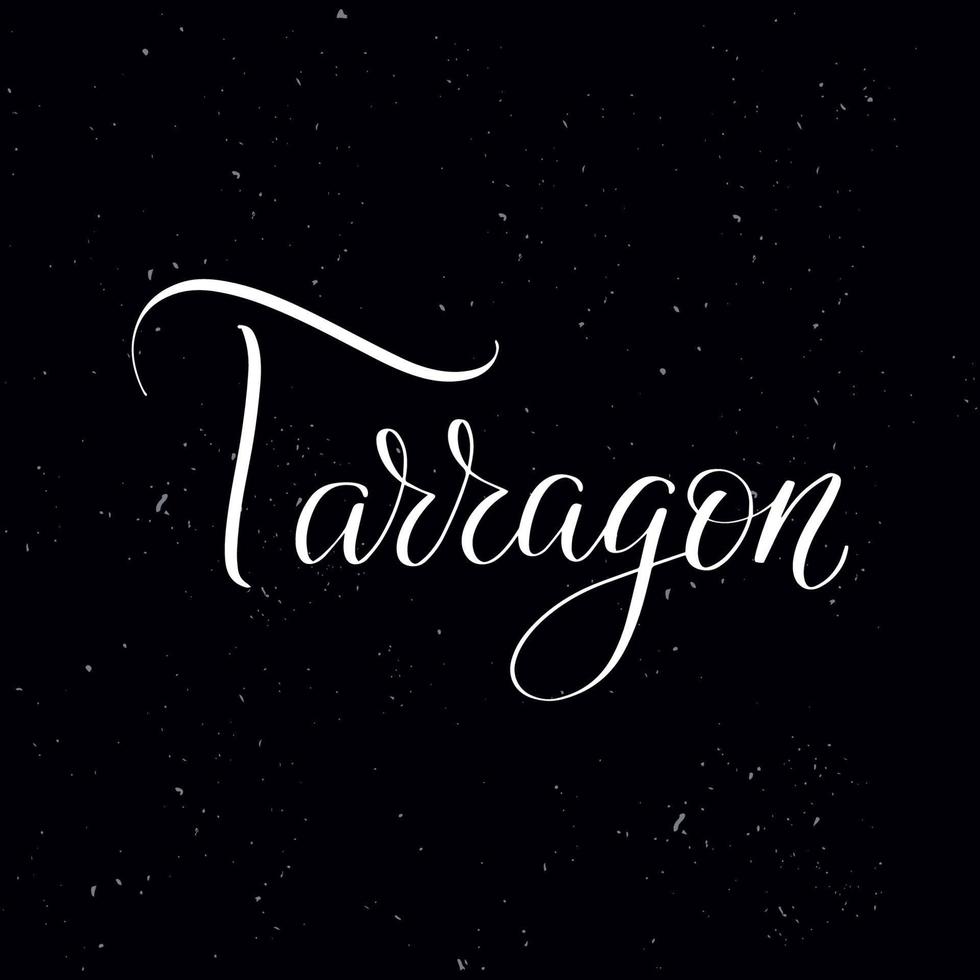 Chalkboard blackboard lettering Tarragon. Handwritten calligraphy text, chalk on a blackboard, vector illustration. Greetings for logotype, badge, icon.