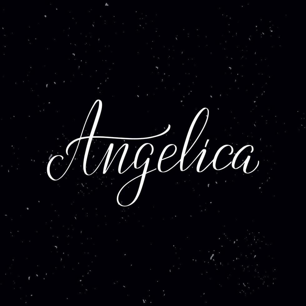 Chalkboard blackboard lettering Angelica. Handwritten calligraphy text, chalk on a blackboard, vector illustration. Greetings for logotype, badge, icon.