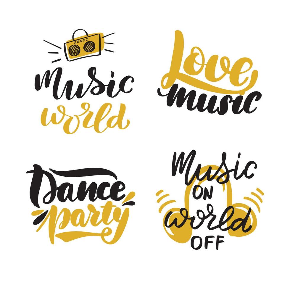 conjunto de citas de letras musicales. Letras de pincel escritas a mano inspiradoras. ilustración de stock de caligrafía vectorial aislada en blanco. tipografía para pancartas, insignias, postales, camisetas, estampados. vector