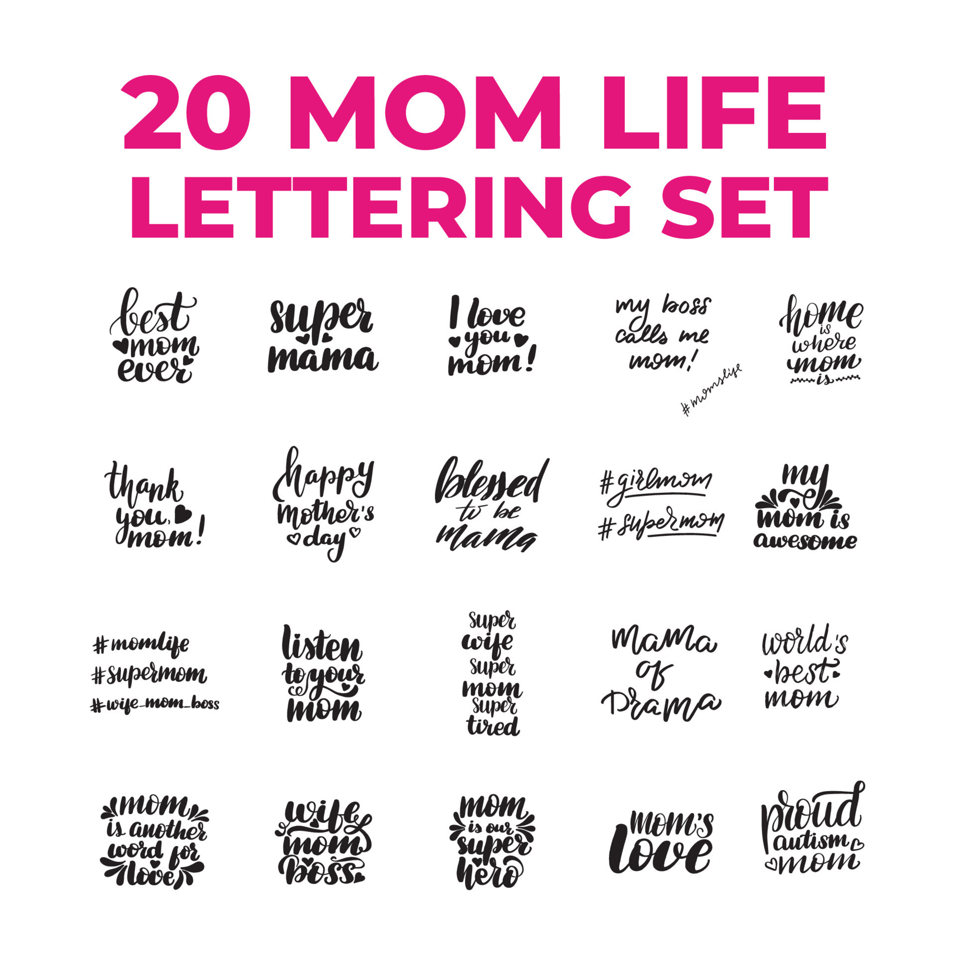 20 mom life quotes set. Inspirational handwritten brush lettering. Vector  calligraphy stock illustration isolated on white background. Typography for  banners, badges, postcard, tshirt, prints. 7728101 Vector Art at Vecteezy