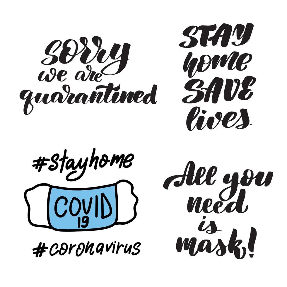 Inspirational handwritten brush lettering set about quarantine covid-19. Vector calligraphy stock illustration isolated on white background. Typography for banners, badges, postcard, tshirt, prints.