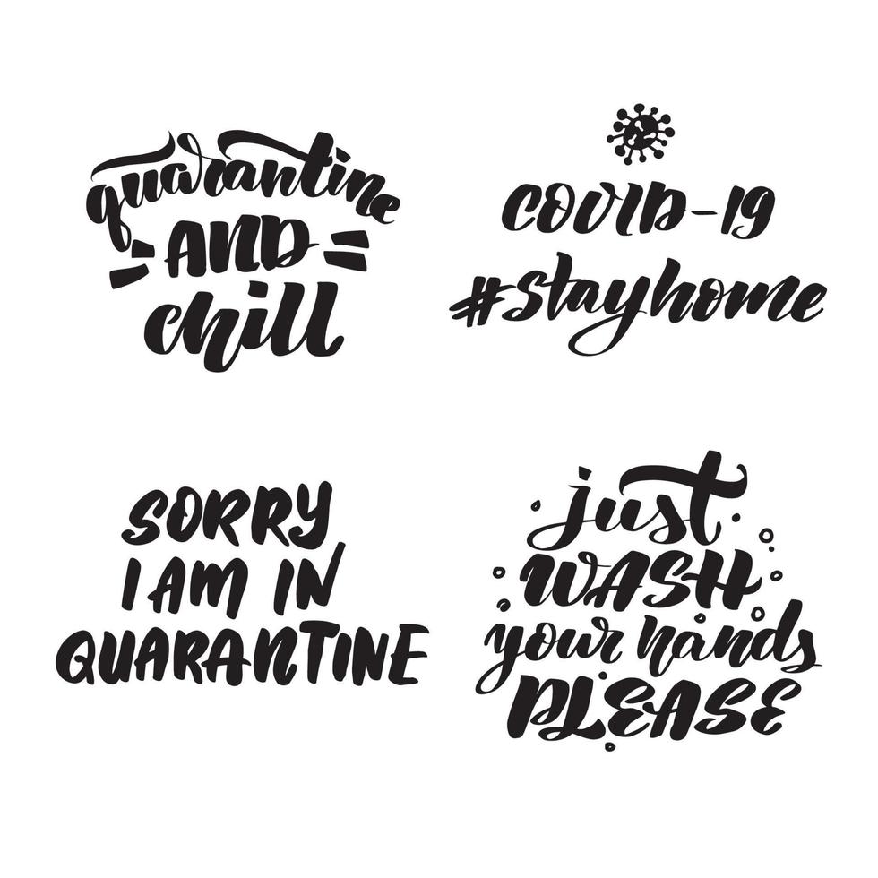 Inspirational handwritten brush lettering set about quarantine covid-19. Vector calligraphy stock illustration isolated on white background. Typography for banners, badges, postcard, tshirt, prints.