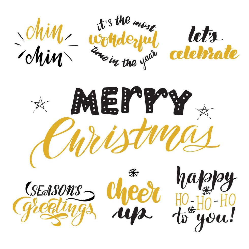 Merry Christmas lettering quotes set. Inspirational handwritten brush lettering. Vector calligraphy stock illustration isolated on white. Typography for banners, badges, postcard, tshirt, prints.