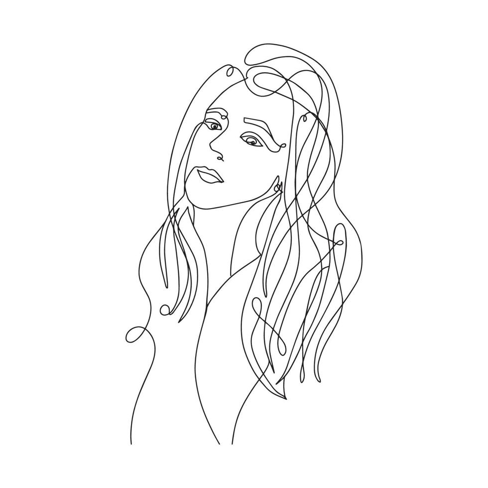 Continuous line, one line, drawing of face and hairstyle, fashion concept, woman beauty minimalist, vector stock illustration for tshirt, slogan design print graphics style
