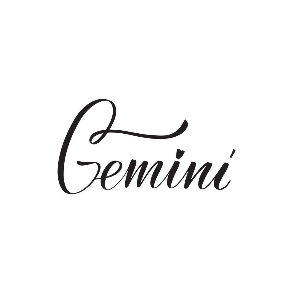Inspirational handwritten brush lettering Gemini. Vector calligraphy illustration isolated on white background. Typography for banners, badges, postcard, tshirt, prints, posters.