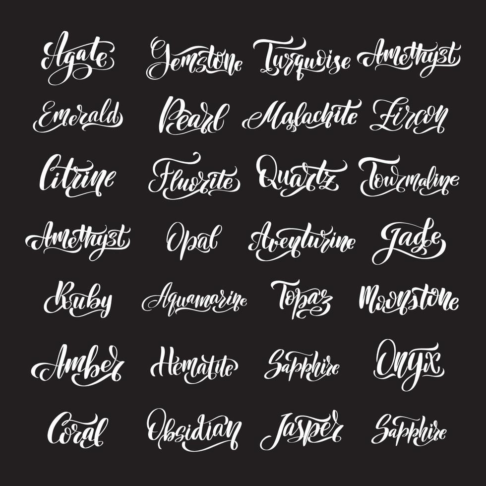 Gem names. Agate Aventurine Emerald Diamond Turquoise Pearl Hematite Coral Jade Moonstone Malachite Opal Ruby Sapphire Topaz Nephrite Onyx Obsidian Tourmaline Quartz Fluorite Citrine Amber Jasper vector