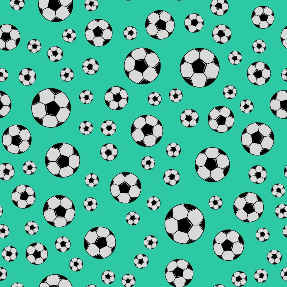 Black and white soccer balls on green background. Football seamless pattern. Cartoon sport vector illustration. Easy to edit design template for your artworks.