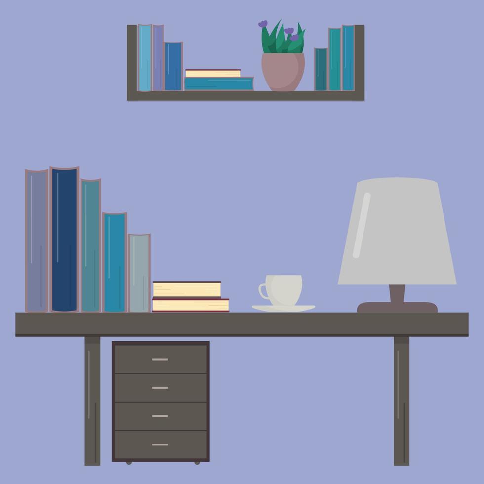 escritorio con libros y taza de café. lugar de trabajo del estudiante. concepto de educación plantilla de diseño vectorial para sus obras de arte, sitios web, redes sociales, etc. vector