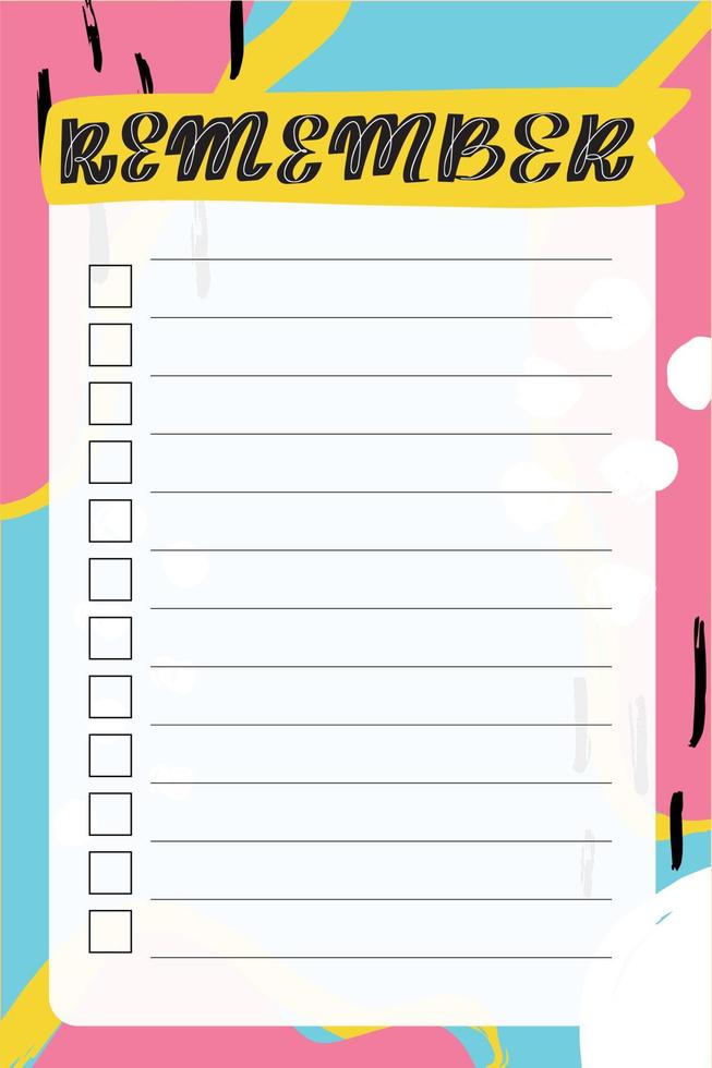 Remember. To do list with retro background and trendy lettering. Memphis style. Template for agenda, planners, check lists, and other stationery. Isolated. Vector stock illustration.