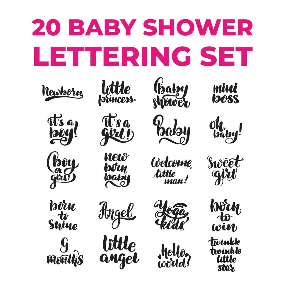 Conjunto de 20 citas de baby shower. Letras de pincel escritas a mano inspiradoras. ilustración de stock de caligrafía vectorial aislada sobre fondo blanco. tipografía para pancartas, insignias, postales, camisetas, estampados. vector