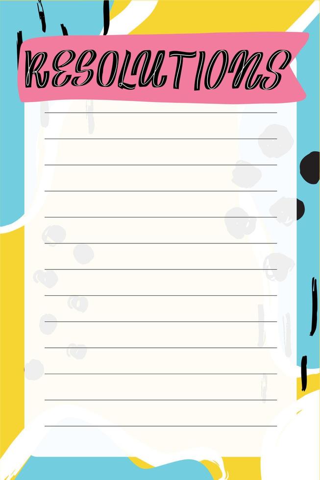 Resolutions. To do list with retro background and trendy lettering. Memphis style. Template for agenda, planners, check lists, and other stationery. Isolated. Vector stock illustration.