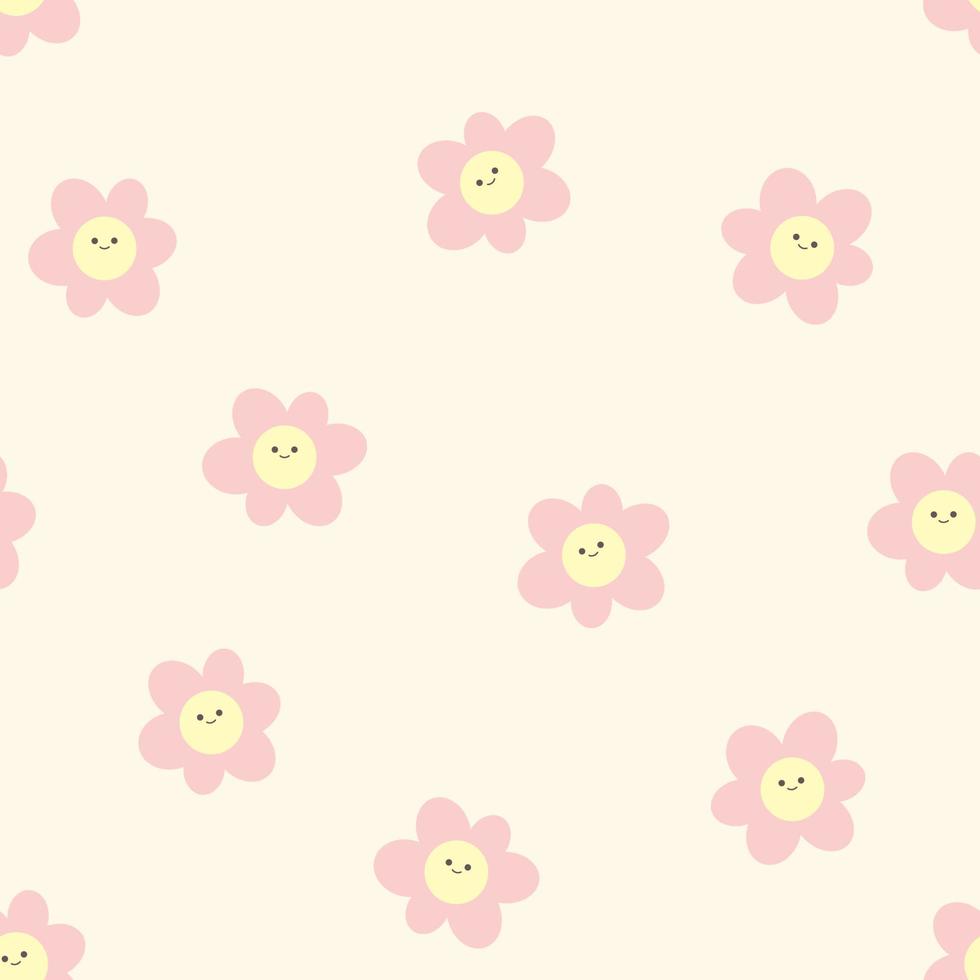 Seamless pattern with cute flowers with smiles. vector