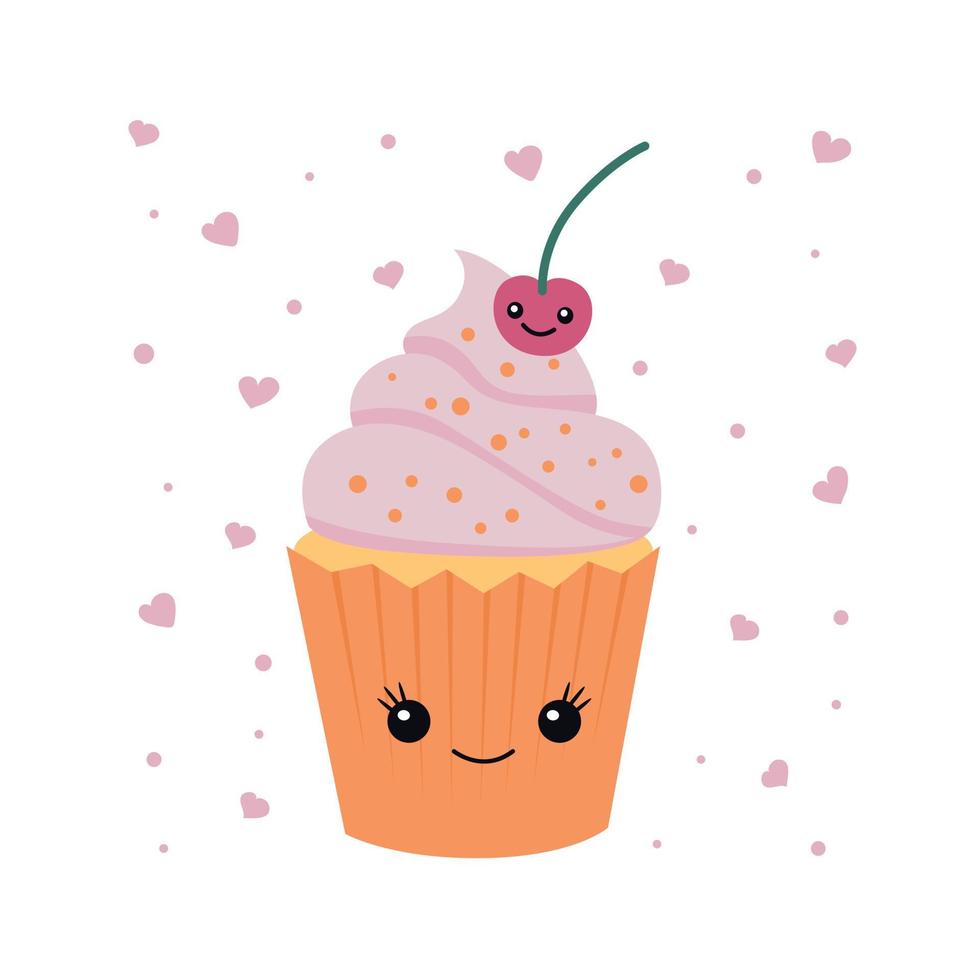 Cupcake illustration. Cute cupcake with a cherry. Cupcake kawaii. vector