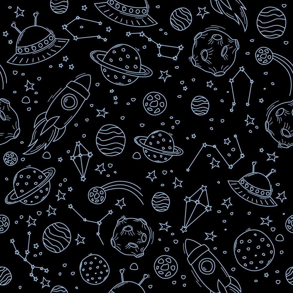 Various space objects. Pattern with space on a black background. vector