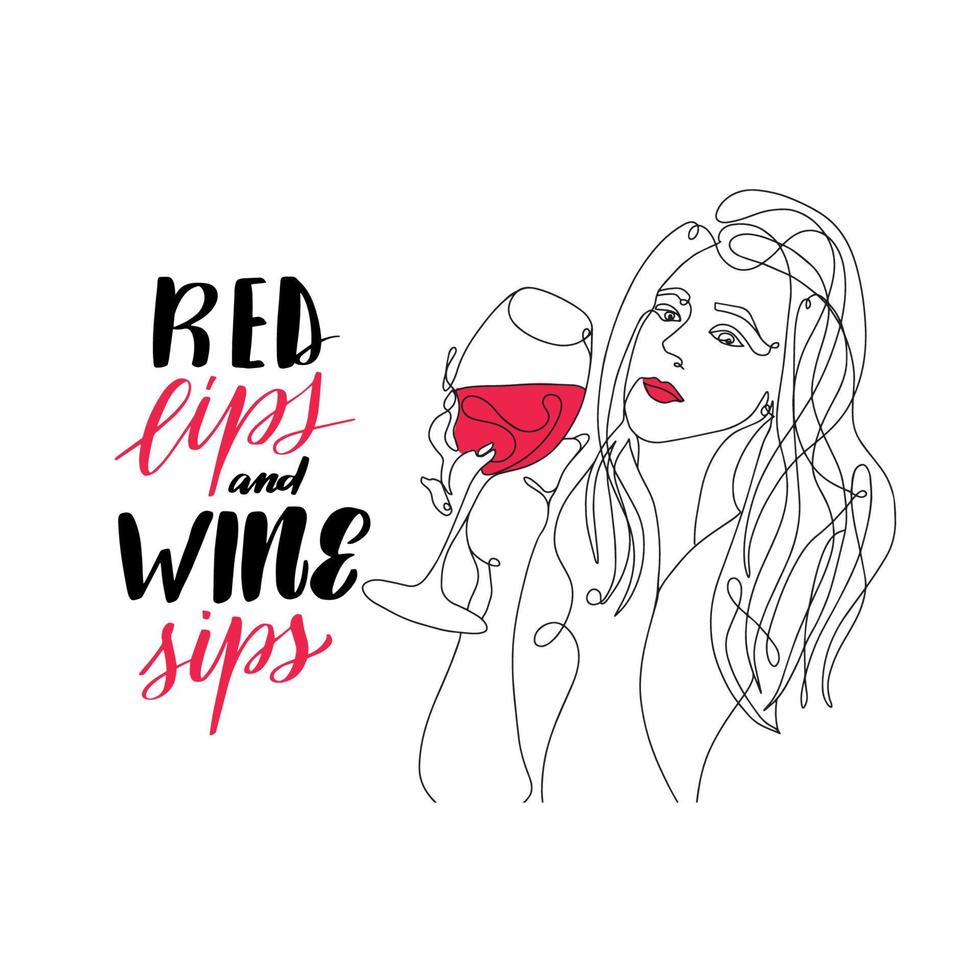 Girl with glass of wine line drawing. Red lips and wine sips. Black continuous line. woman drinking wine from a glass illustration. Vector stock great calligraphy diaries, cards, badges, social media.