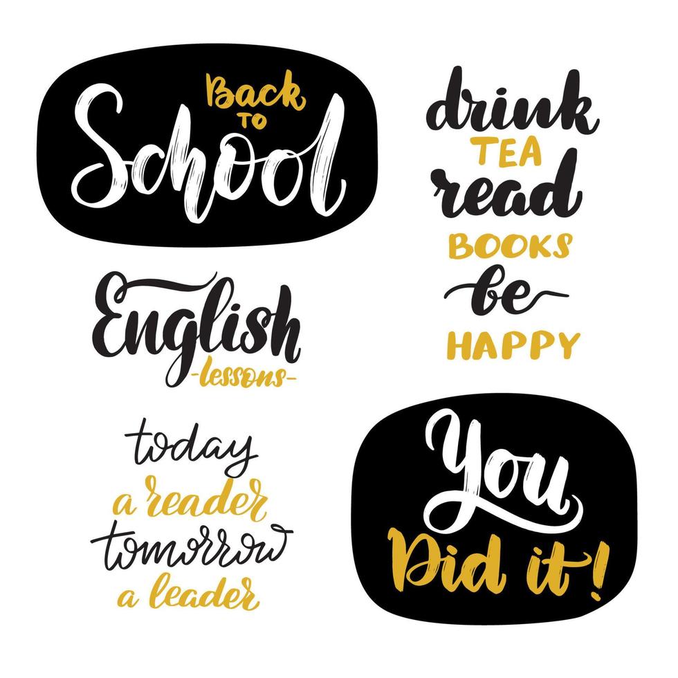 Back to school, reading quotes set. Inspirational handwritten brush lettering. Vector calligraphy stock illustration isolated on white. Typography for banners, badges, postcard, tshirt, prints.