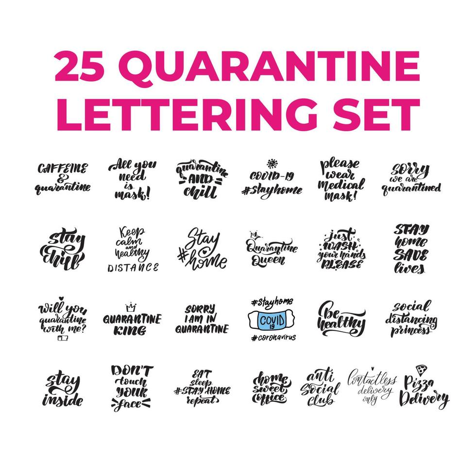 24 quarantine quotes set. Inspirational handwritten brush lettering. Vector calligraphy stock illustration isolated on white background. Typography for banners, badges, postcard, tshirt, prints.