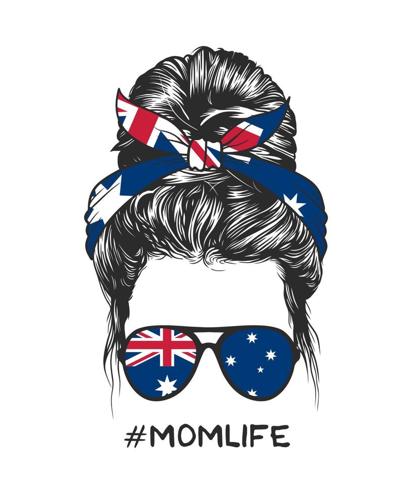 Messy bun hairstyle with Australian flag headband and glasses, vector illustration