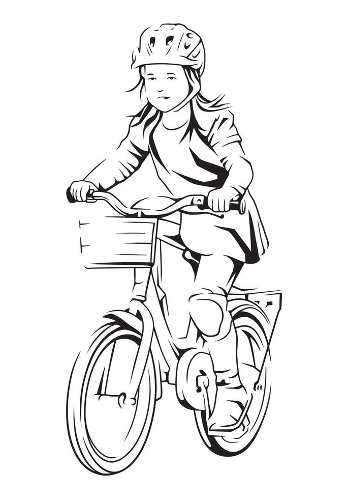 A girl riding bicycle, Vector line art illustration