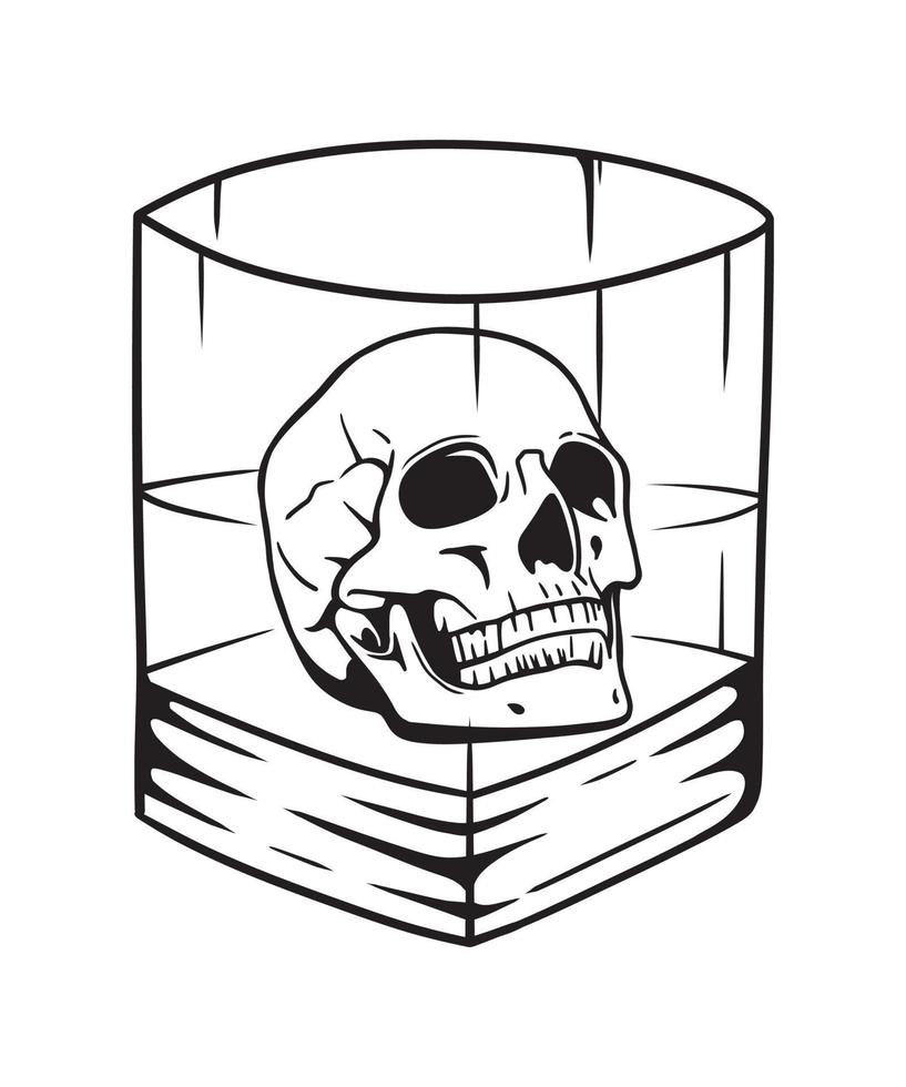 Human head skull inside whiskey glass vector line art illustration