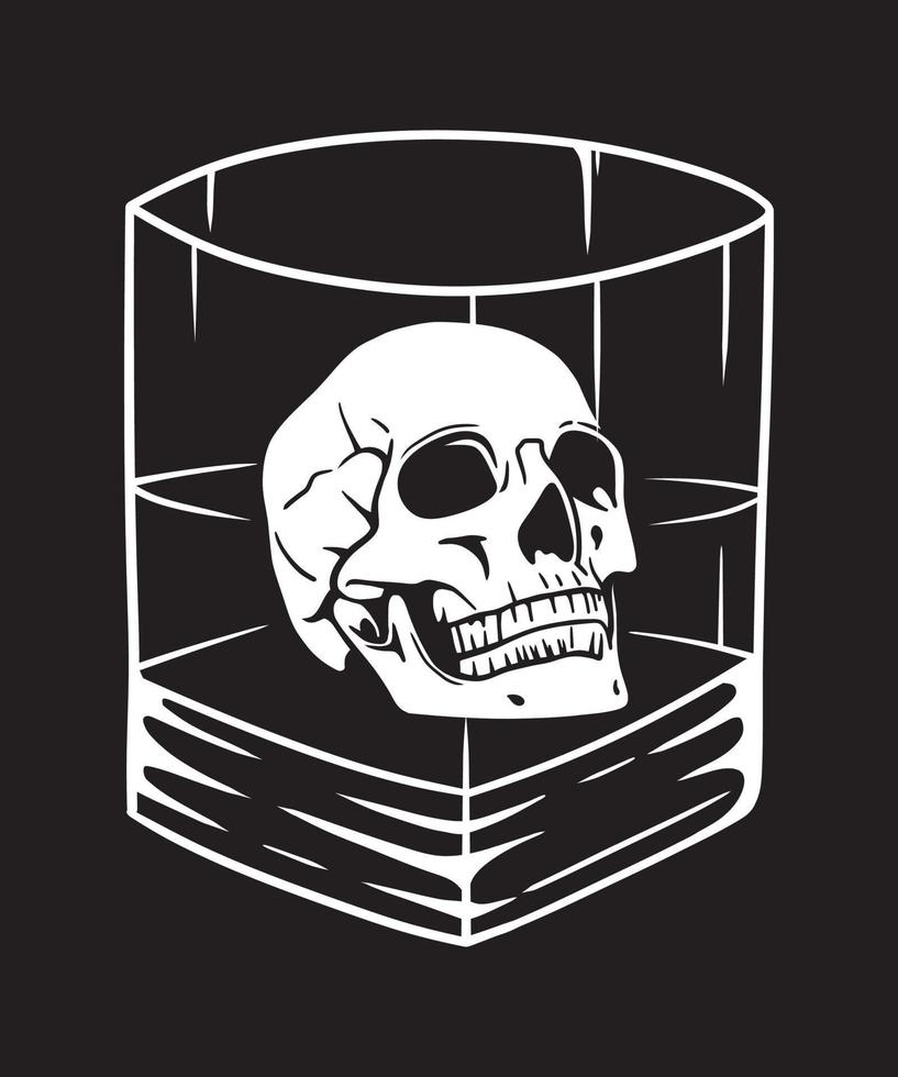 cráneo de cabeza humana en blanco y negro dentro de la ilustración de arte de línea de vector de vaso de whisky
