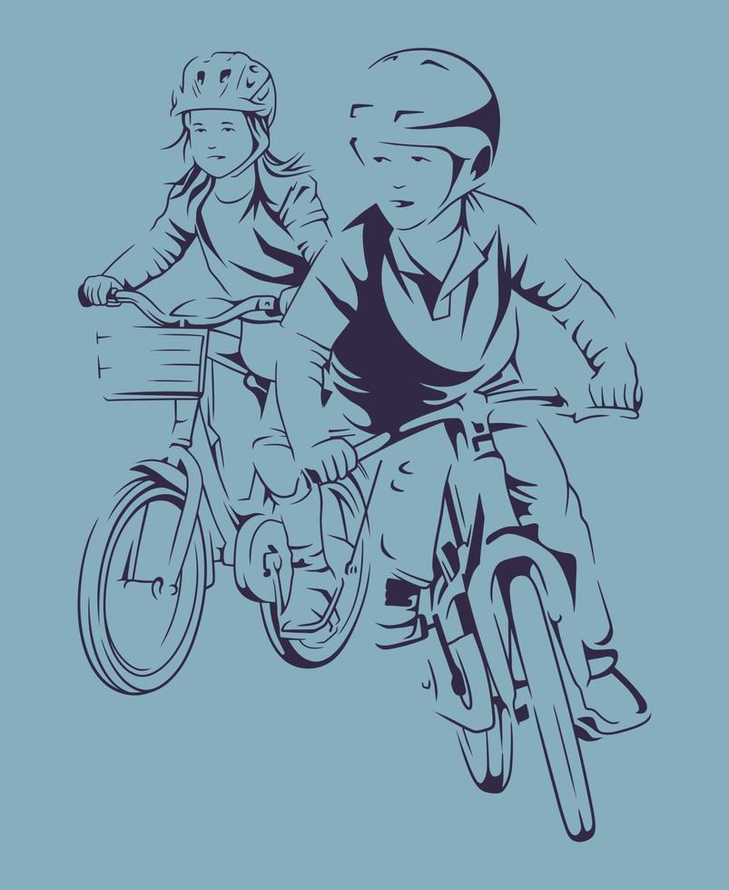 Boy and girl riding bikes close to each other. Vector line art