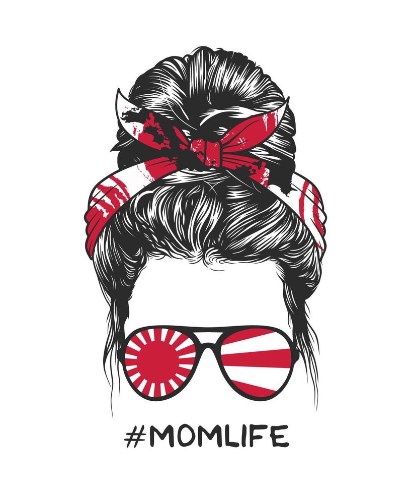 Messy bun hairstyle with Japanese flag headband and glasses, vector illustration