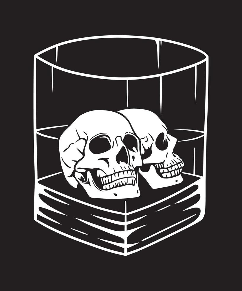 Two human head skulls inside whiskey glass in black and white vector line art illustration